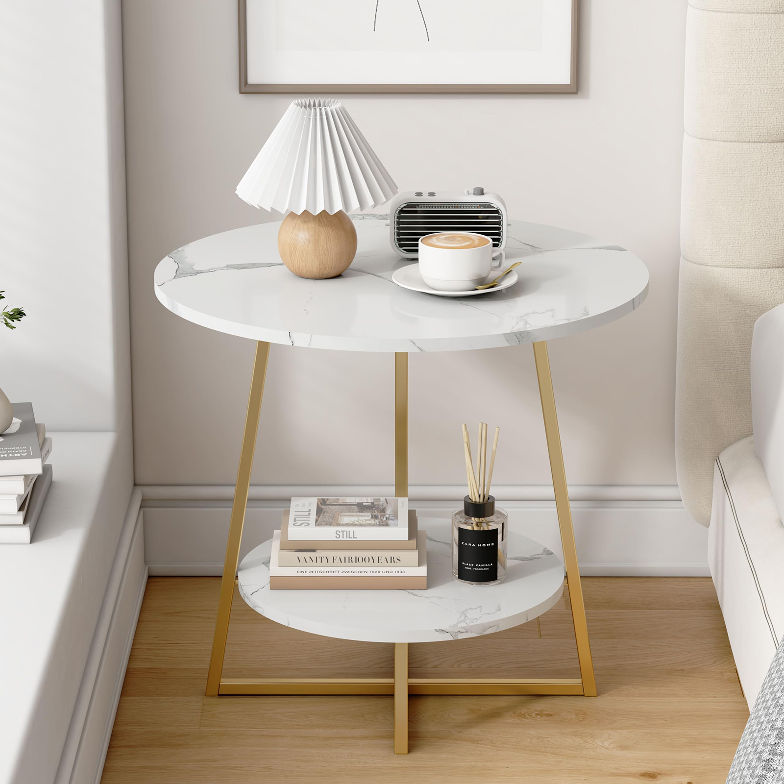 1pc Double-layer Coffee Table, , Metal Frame Structure, Compact Round Side Table, , Sturdy Construction, Multifunctional Furniture, Suitable For Living Room, Balcony, Or Bedroom