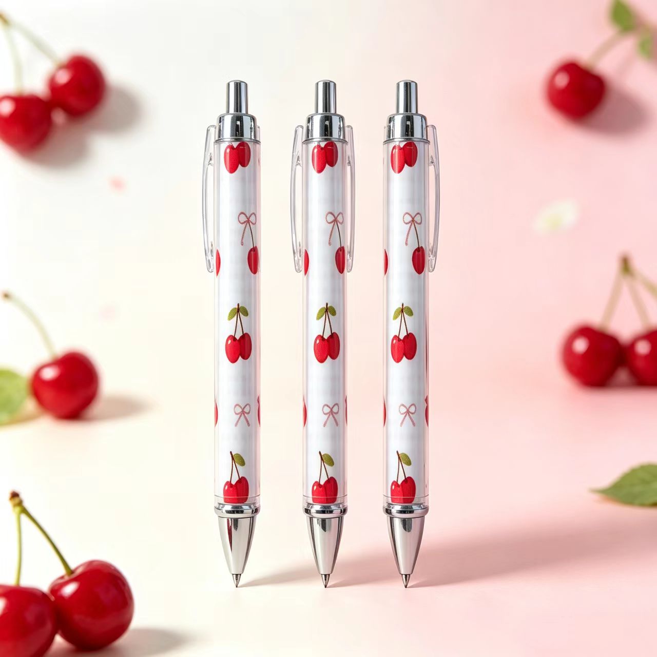 TEMU 3pcs Sweet Cherry Print Telescopic Ballpoint Pens, Printed Design, Quick-drying Black Ink, Perfect For Daily Writing, Journaling, Office And