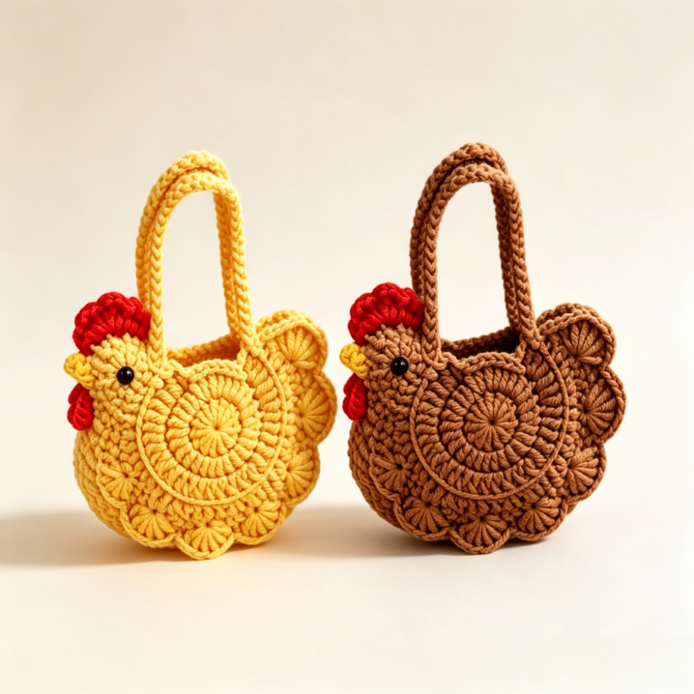 TEMU 2 Pack Handmade Crocheted Chicken Handbag - Cute Cartoon Chick Yarn Storage Pouch - Commuting-carrying Handbag - Portable Purse For And Small