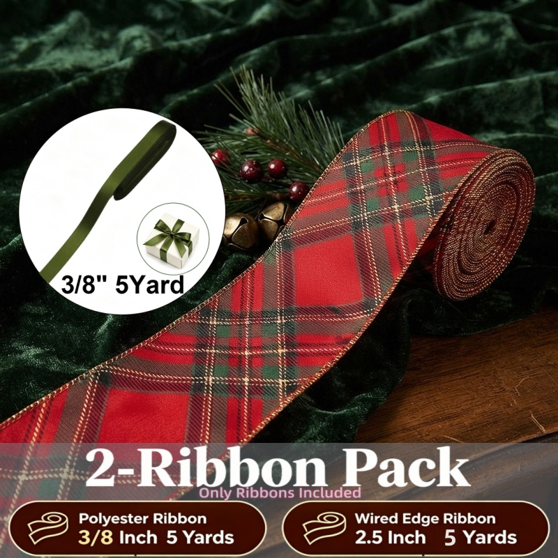 TEMU 2 stuks Lint Combo | 2,5-inch 5 Yards Draadrand Lint en 3/8-inch 5 Yards Polyester Lint, Glanzende Satijnen Draadrand Tape, Kerst Rood Groen,