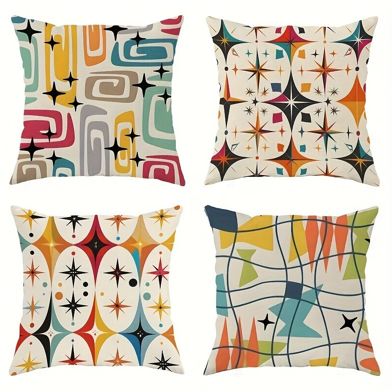 4 Vintage Geometric And Abstract Pattern Throw Pillow Covers, Mid-century Decorative Throw Pillow Covers, Polyester Covers With Zipper, Any Room, Contemporary Style, Double-sided Print, No Insert