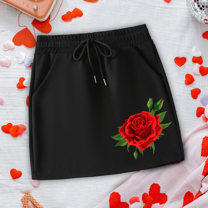 

Jupe Mini à Imprimé Rose pour la Saint-Valentin avec Cordon de Serrage et Poches - Mode Décontractée et Confortable pour Femmes, Mélange de Polyester Extensible, Lavable en Machine