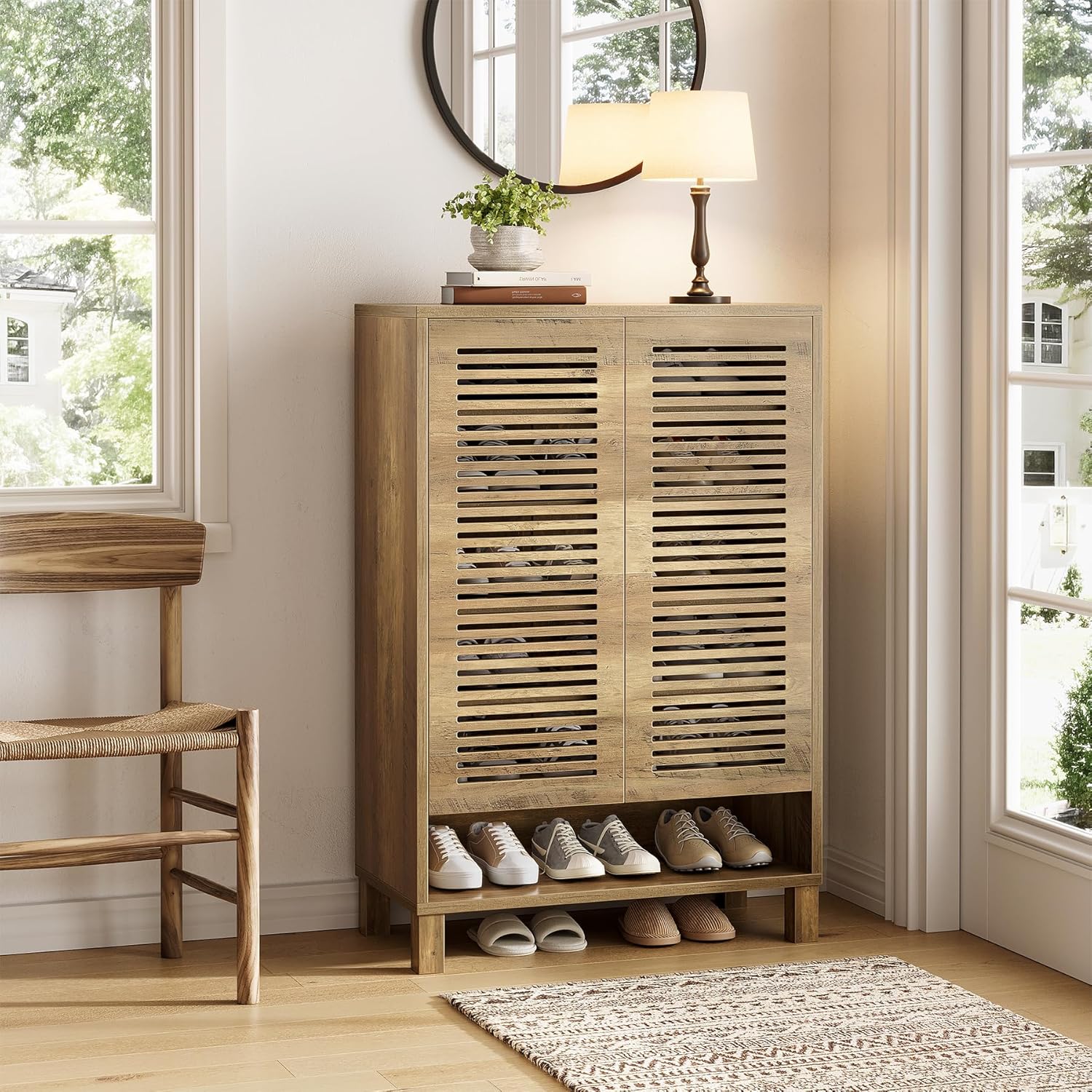 Independent Shoe Storage Unit, Slim Farmhouse Hallway Furniture, Wooden Compact Organizer Featuring 6 Shelves, Natural Oak End