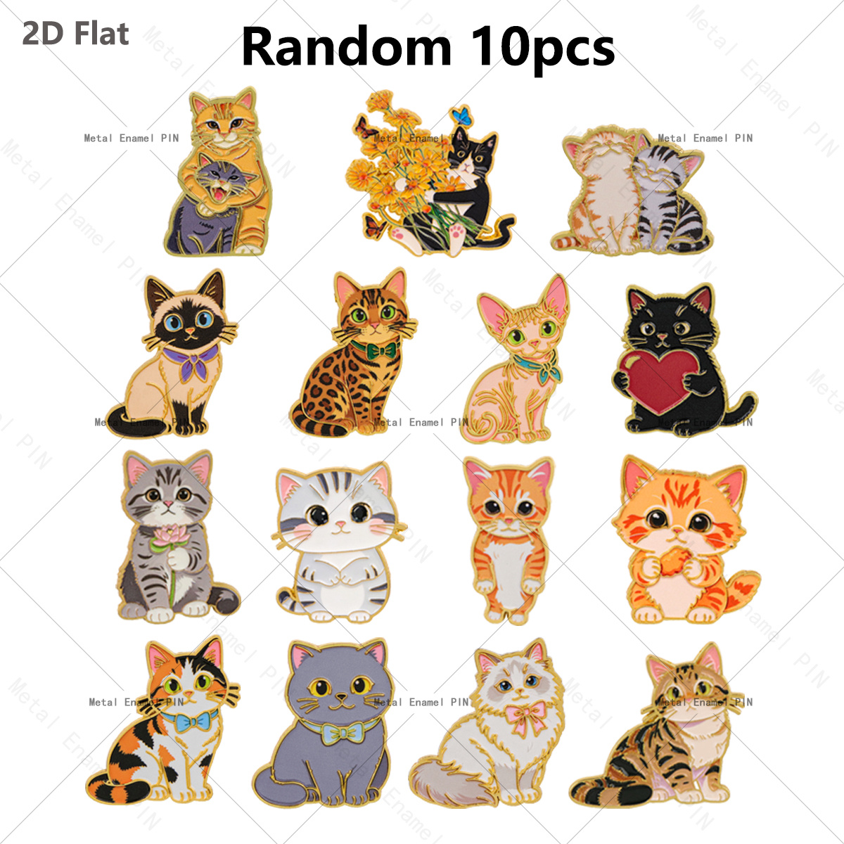 TEMU 2d Flat, 2d Flat 10pcs Cute Cat Enamel Pin Set Breeds Kitten Floral Bow Heart Metal Lapel Brooch Hat Backpack Badge Cat Lover Jewelry Gift, 2d