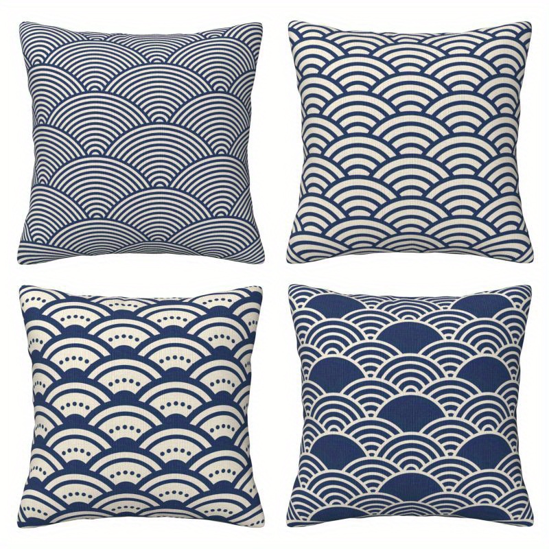 

4pcs Housses de Coussin Bleues à Motif Japonaise - Mélange de Lin, Housse de Coussin Zippée pour Salon & Chambre à Coucher, Entretien Facile, Design Simple Face (16x16, 18x18, 20x20 Pouces)