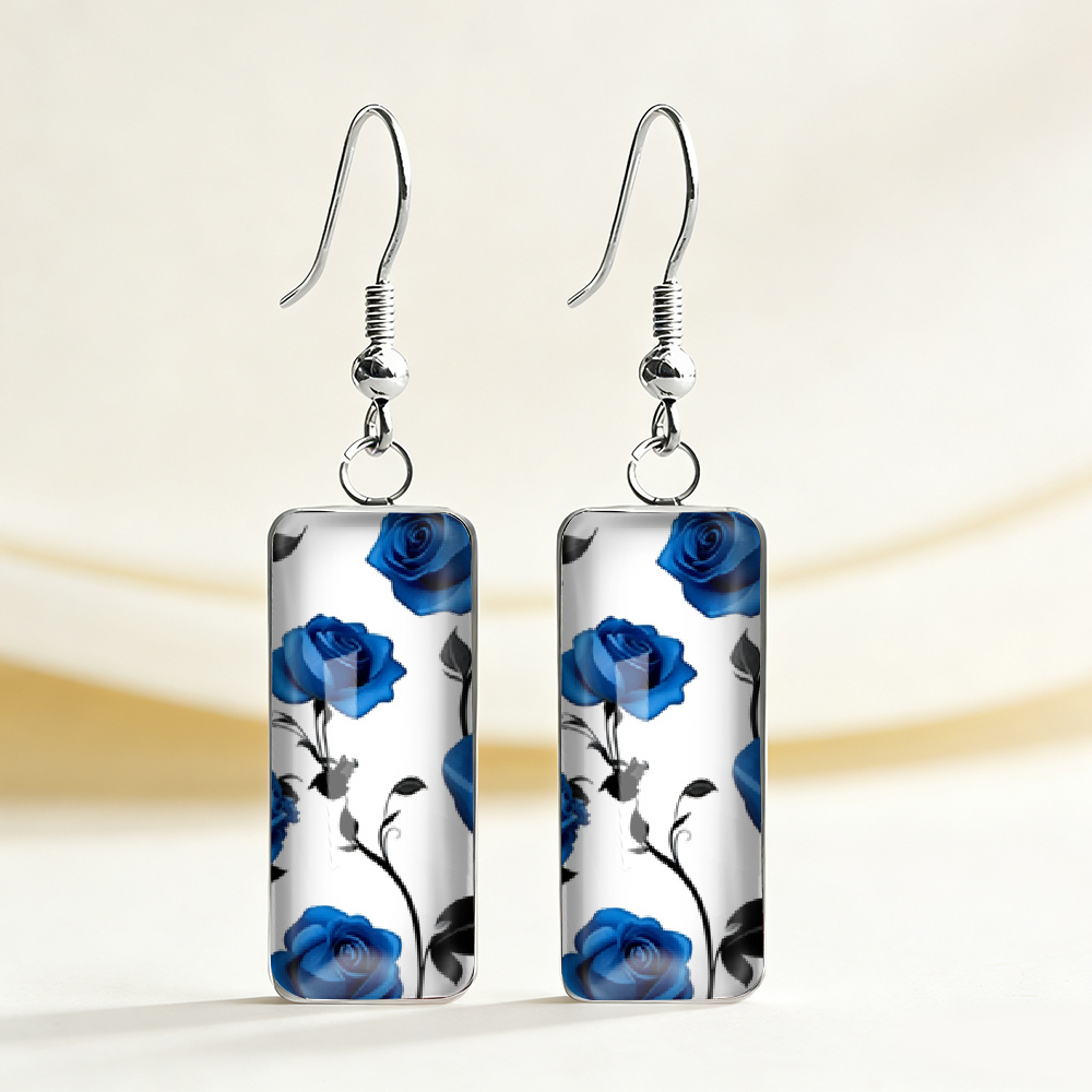 1 Pair of Rectangular Dangle Earrings with Rose Patterns