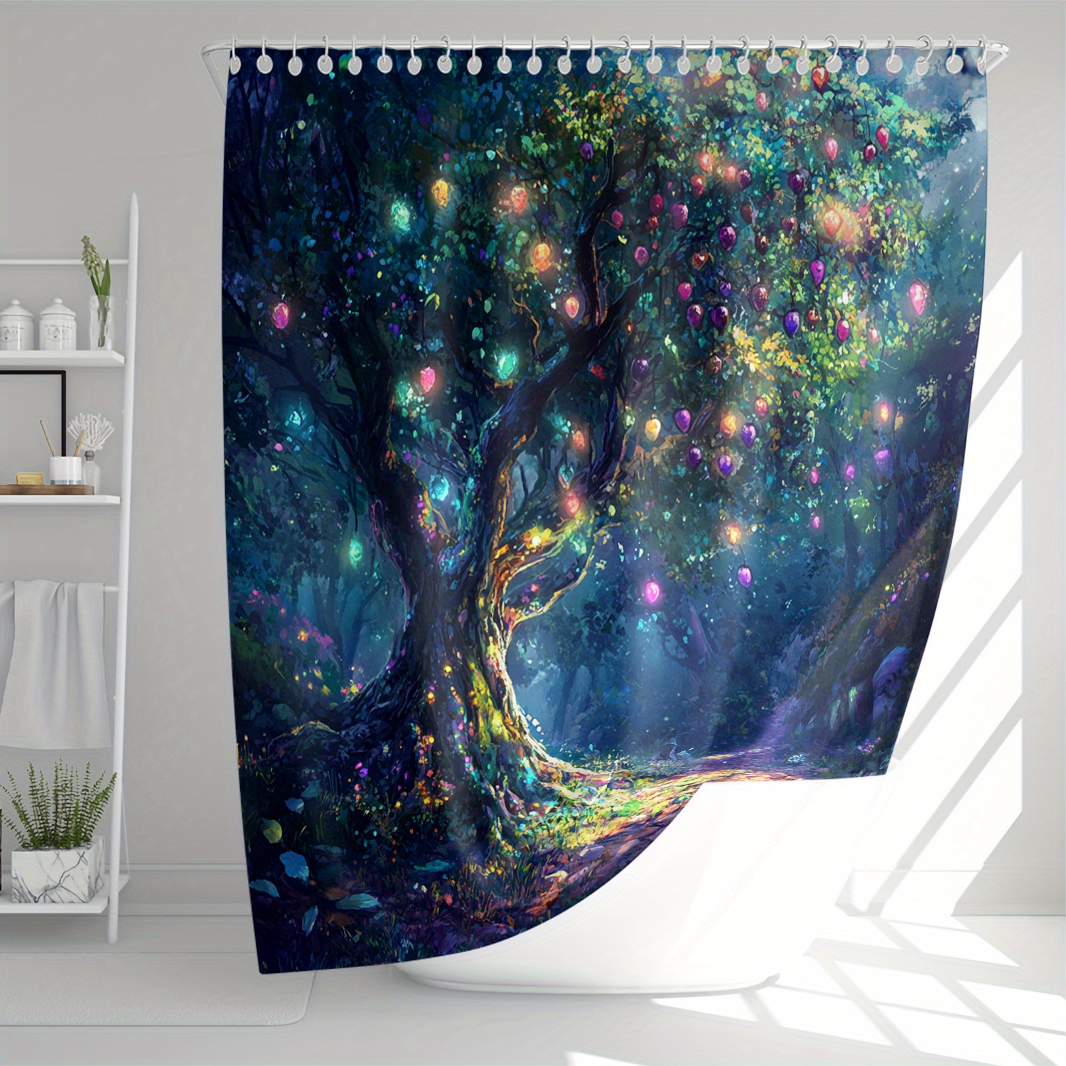 TEMU 1pc -the-dark Tree Path Print Shower Curtain - Fairy Tale Design, Durable Polyester, Machine Washable With Plastic Hooks, Ideal For Home & Hotel