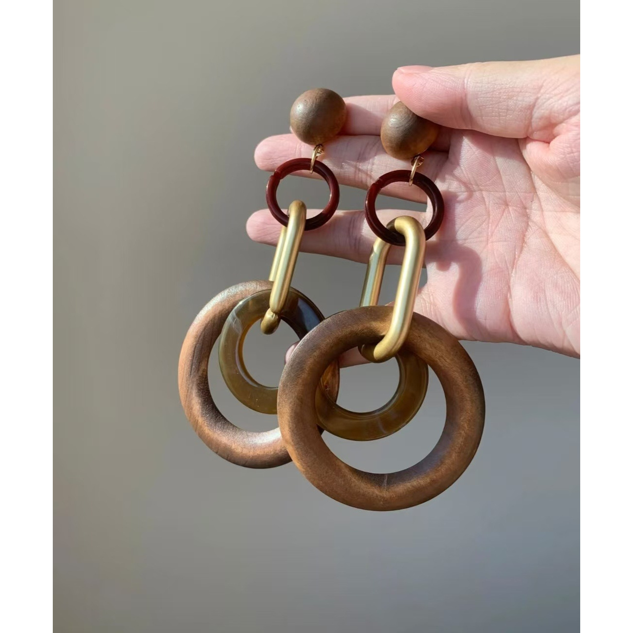 TEMU Vintage Wood Ring Geometric Drop Earrings, Marbling Texture Circle Dangle, Daily Date Night Statement Accessory, 1 Pair