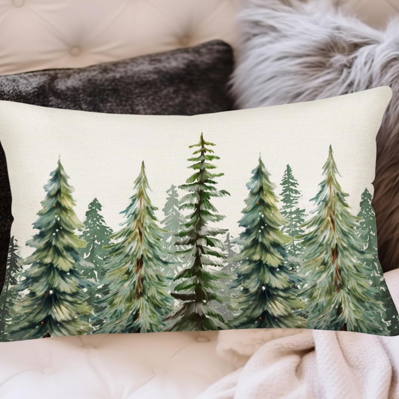 TEMU Christmas Tree Throw Lumbar Pillow Covers 12x20 Inch Watercolor Green Christmas Tree Decorative White Throw Pillow Cover Winter Family Decor For