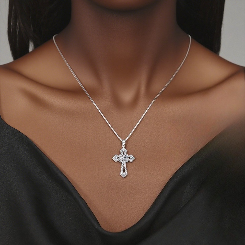 925 Silver Moissanite Cross Pendant Necklace, Meaningful Gift