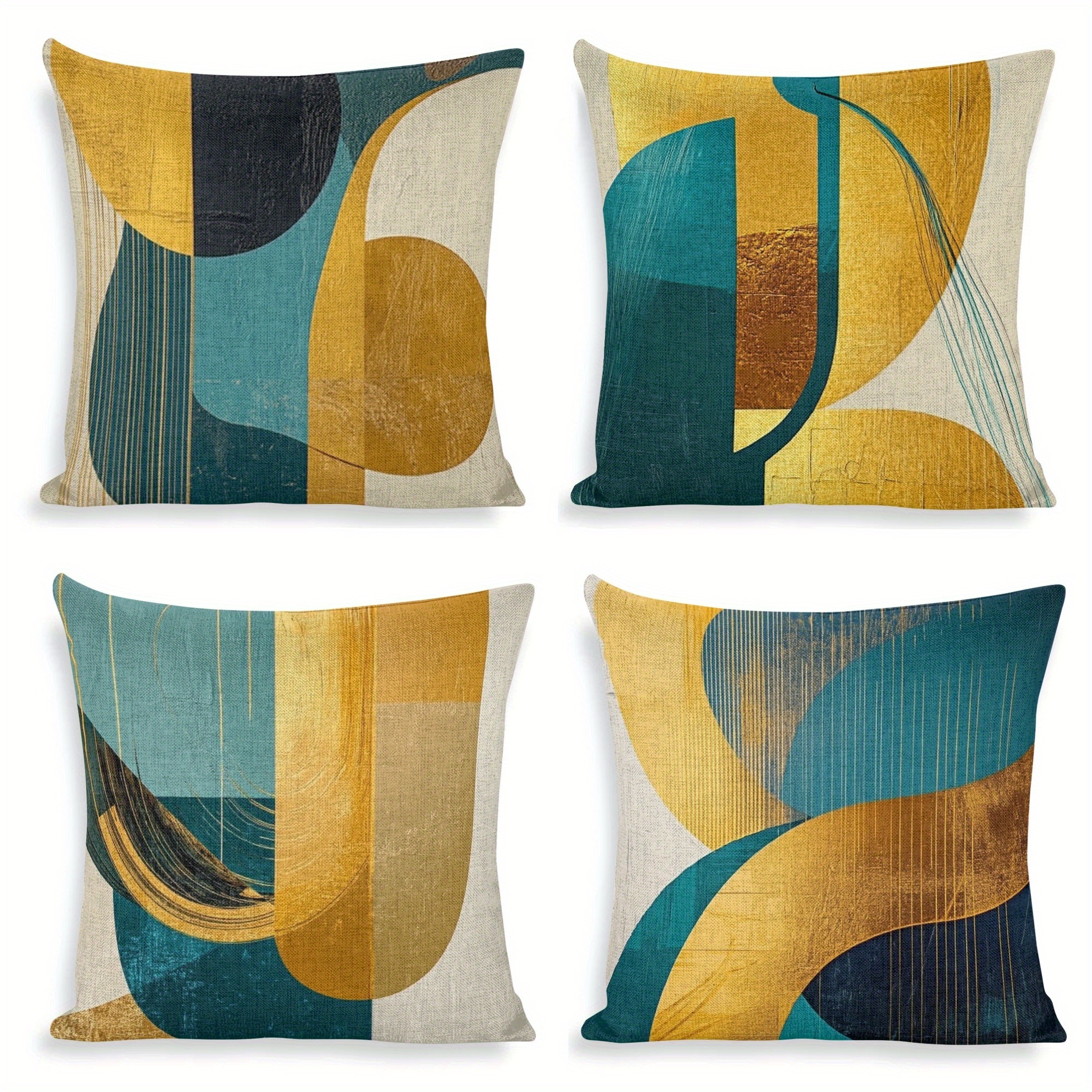 

4pcs Set Abstract Geometric Throw Pillow Covers - Golden, Teal & Yellow, 18x18 Inch, Double-sided Design With Zipper Closure, Polyester For Sofa, Bed, And Office Decor