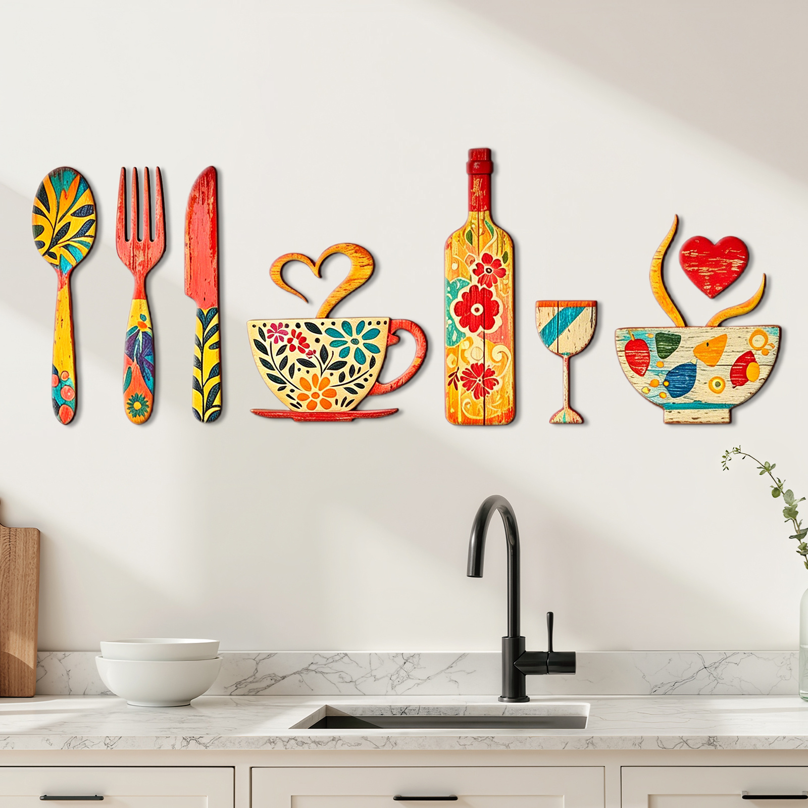 TEMU Plat 2D, Lot de 8 pièces Plat 2D, Décoration Murale en Bois de Couvert de Style Vintage, Décoration Murale de Cuisine de Style Nordique,