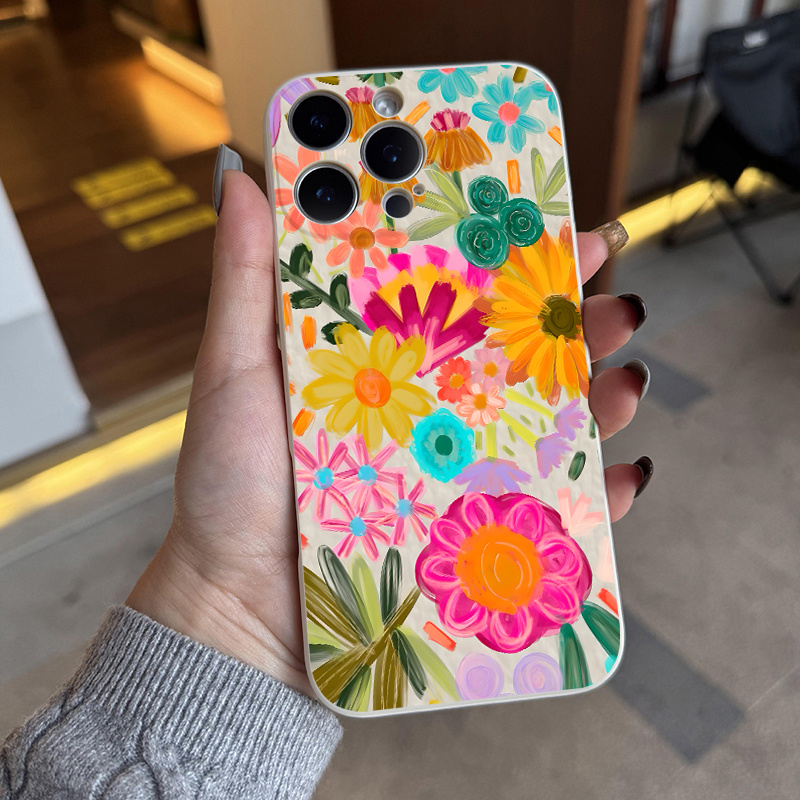 Dopamine Flowers Pattern Case for iPhone 16 15 14 Pro Max 13 12 11 XR XS Plus Liquid Silicone Full Body Protective Cover with Microfiber Lining Gifts for women girls