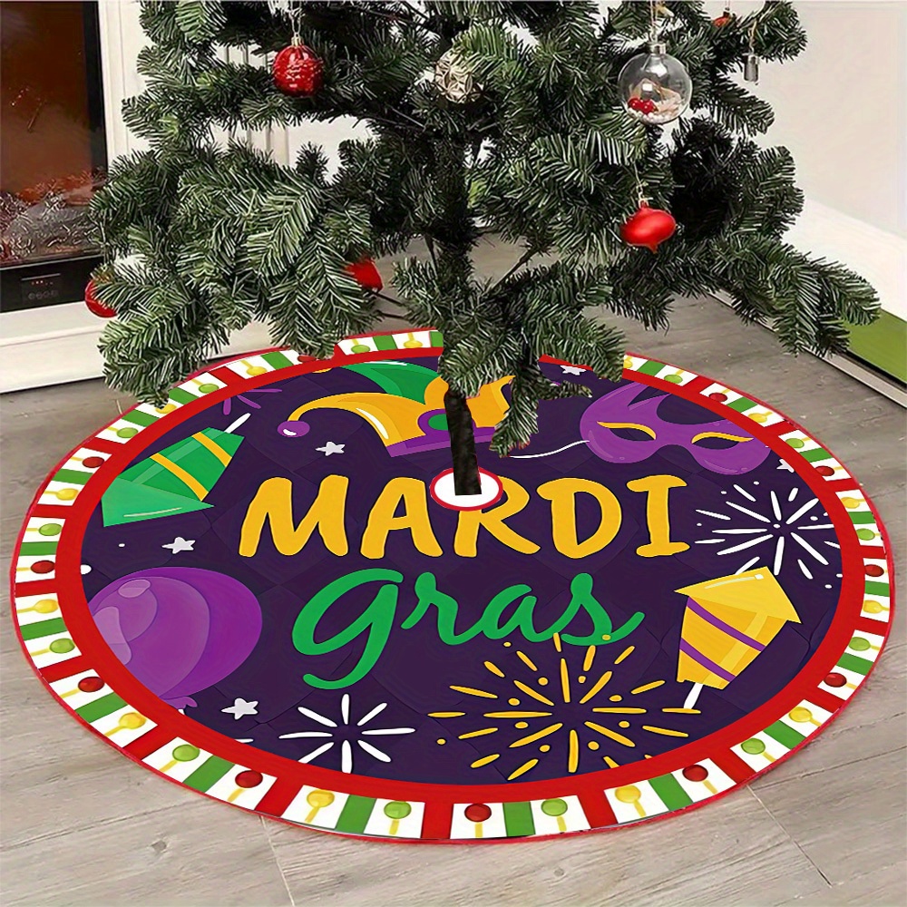 

1pc "mardi Gras" Polyester Christmas Tree Skirt - Round, Vibrant Carnival-themed Design With Masks, Beads & Fireworks, Ideal For Indoor/outdoor Holiday Decorations