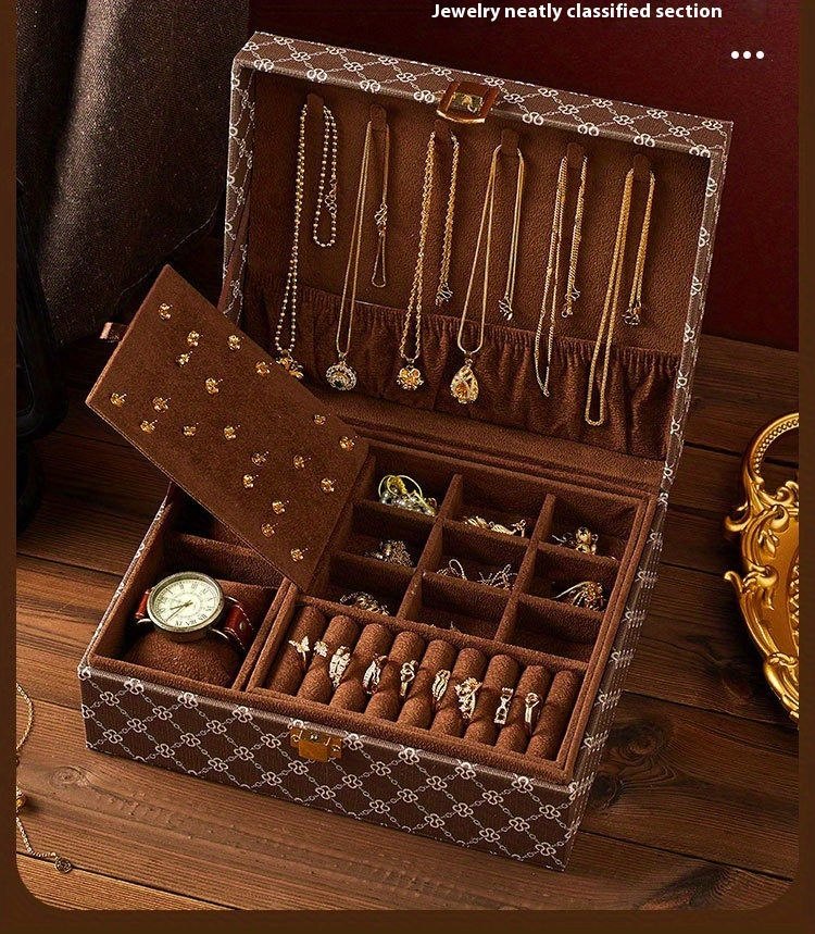 classic jewelry box with lock 4 season multi layer rectangular desktop organizer for earrings necklaces rings watches versatile accessory storage case   release jewelry boxes Product details 2