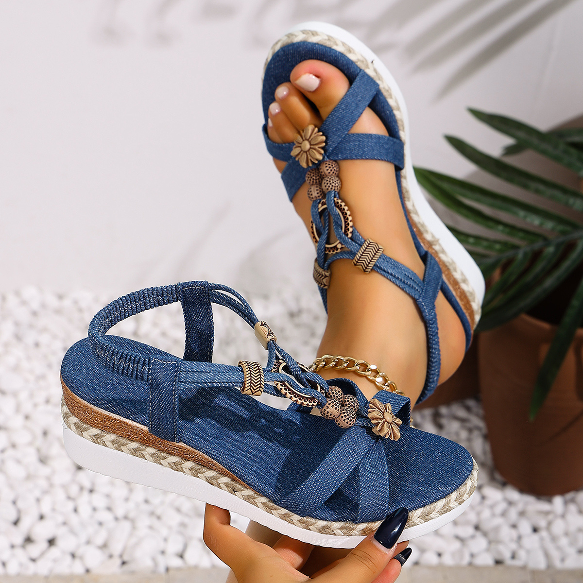 TEMU Cross Strap Open Toe Wedge Sandals, Decorative Designs With Back Strap Design Sandals, Comfortable Wedge Heel Shopping Beach Vacation Ladies