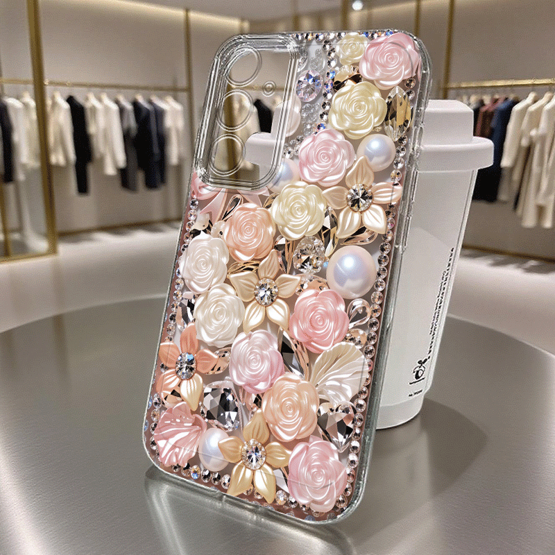 Image of Phone Case: Phone Case - Rose Rhinestone Pink Cream Floral Pattern Phone Case For Galaxy S21 S22 S23 S24 S25 Fe And 17 16 15 14 13 12 11 Pro Cartoon Transparent Anti-fall F