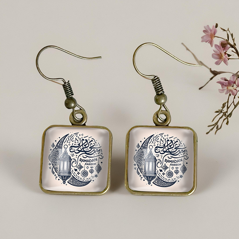 Square Glass Pendant Earrings, Handcrafted Ramadan Gift