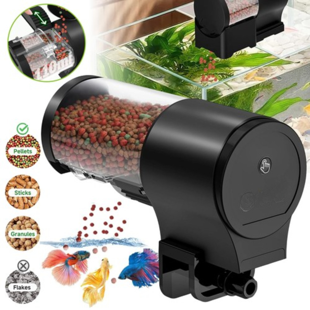 100ml Large Capacity Black Abs Aquarium Fish Feeder | 3 Adjustable 360° Rotation, Upgrade Cover, 2 Install For Vacation, Without Battery
