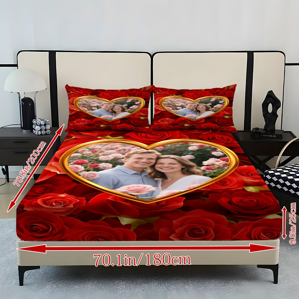TEMU Custom 3pcs "with Photos Of The 1 I Love" Soft And Breathable Bed Sheet Set, Rose Bush Bedding 3pcs Set (1*fitted Sheet   2*pillowcases), No