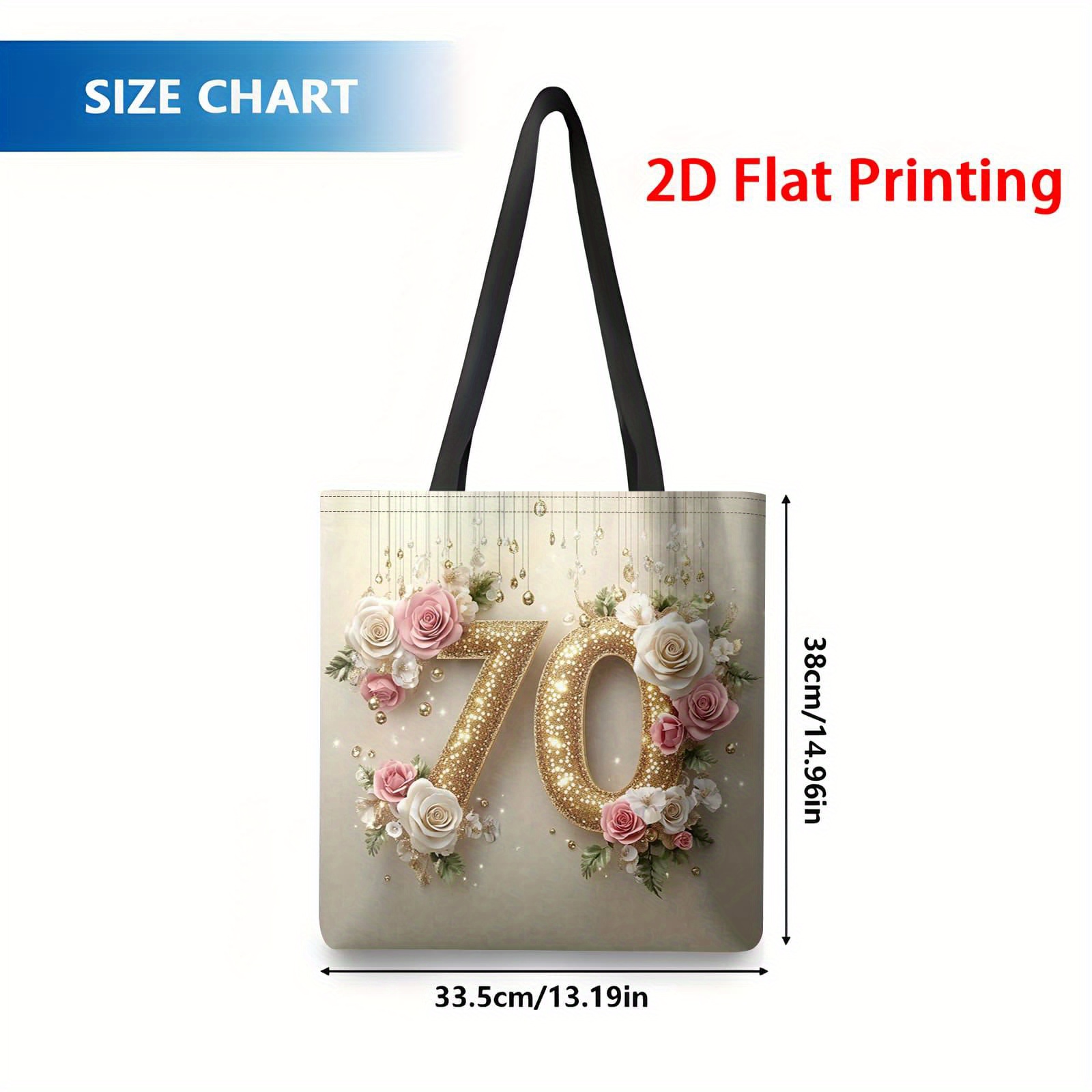 TEMU 1pc Women' Large Capacity Foldable Glitter 70th Birthday Tote Bag - 2d Flat Print Handbag Suitable For Shopping, Travel & Daily Use - Elegant
