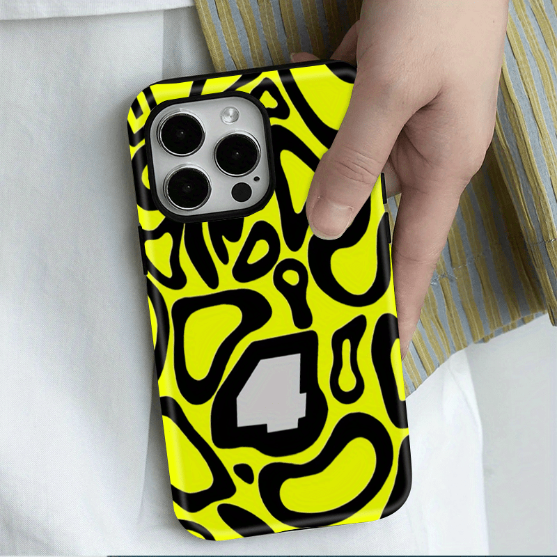 TEMU Phone Case - Double-layer Protective Case With Yellow And Black Shapes For Mobile Phone- , Durable And Impact-resistant, Suitable For Iphone 17