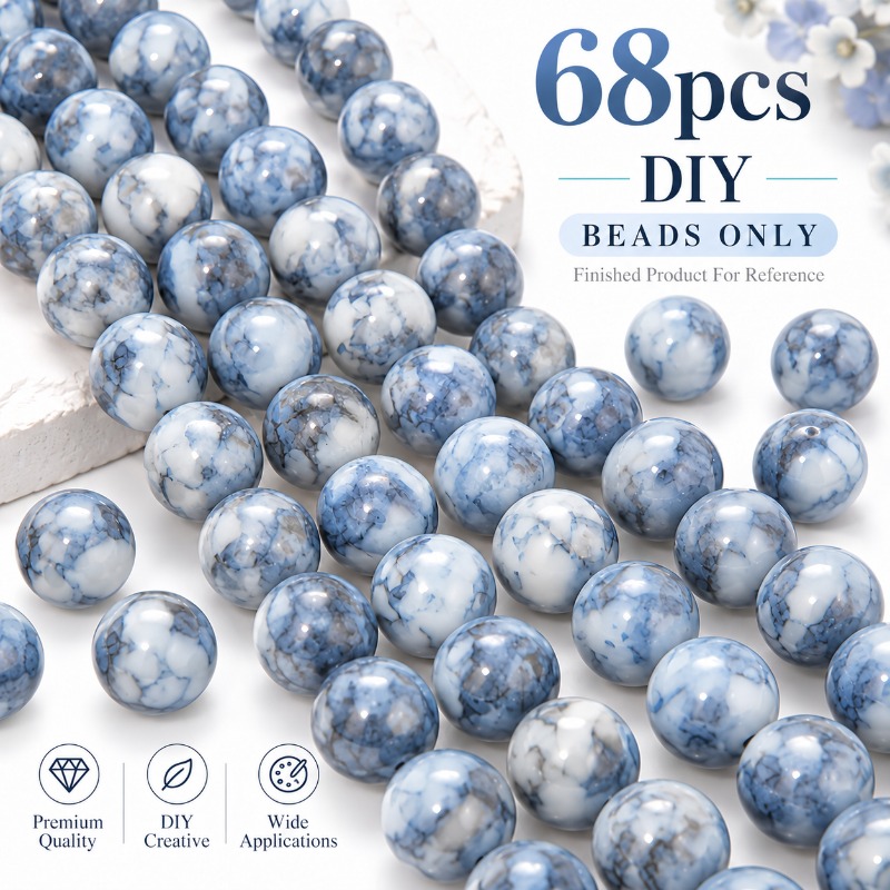 TEMU 68pcs, Perles Décoratives en Verre Motif Bleu 8MM, Artisanat de Bijoux, Convient pour Bracelets, et Breloques de Voiture - Ajouts et Matériaux
