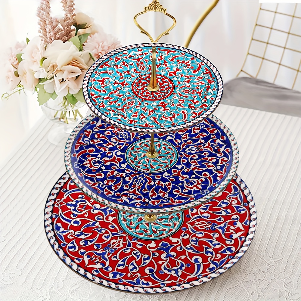 1pc 3-Layer Wooden Display And Serving Tray with Turkish Islamic Art Style Design Patterns, Perfect for Wedding, Birthday, Easter, Thanksgiving, Valentine'S Day, Mother'S Day, Independence Day, Eid Al-Fitr, Christmas