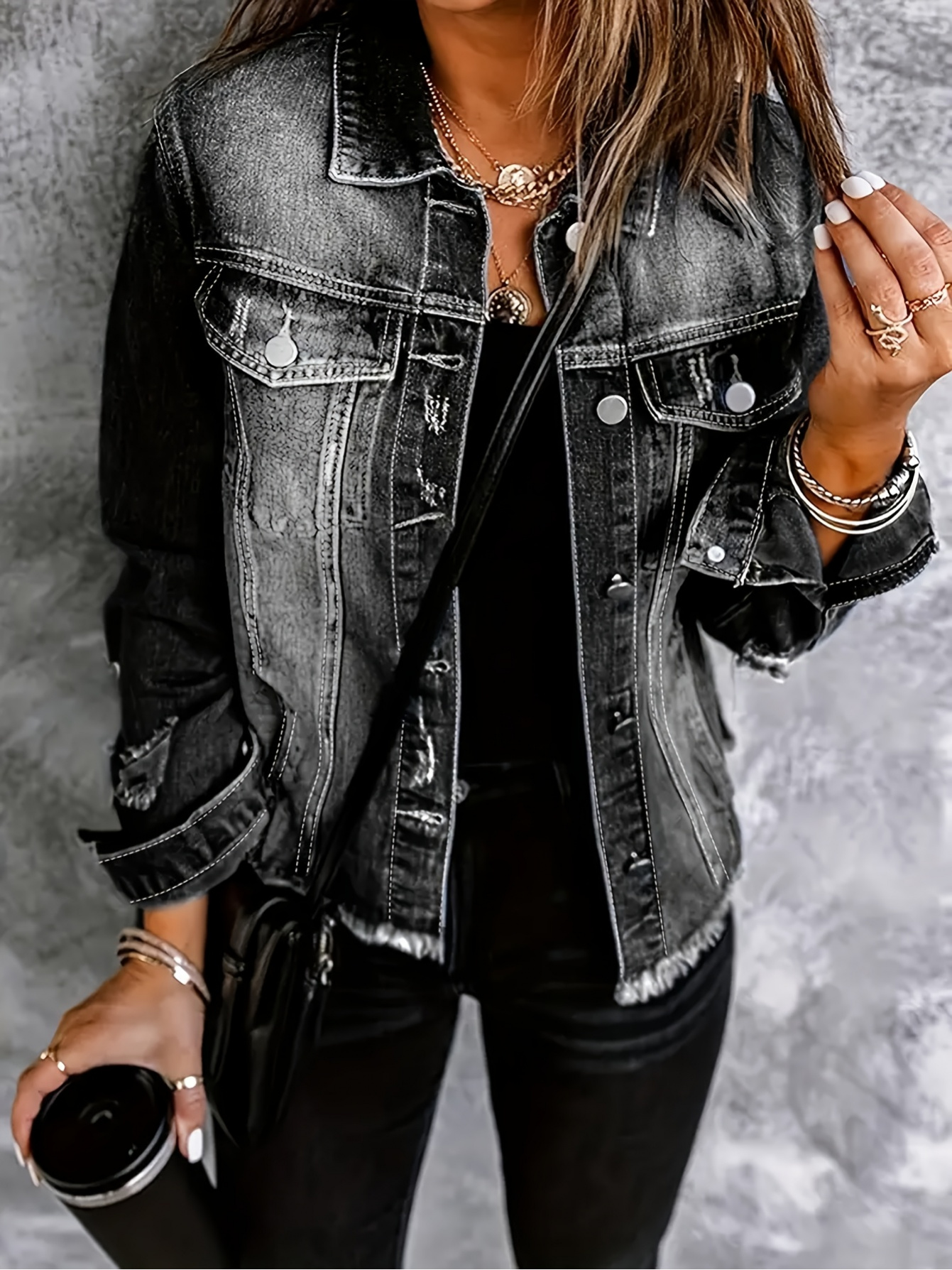 Ripped Jeans Combination With Black Denim Jacket Plus Size Denim
