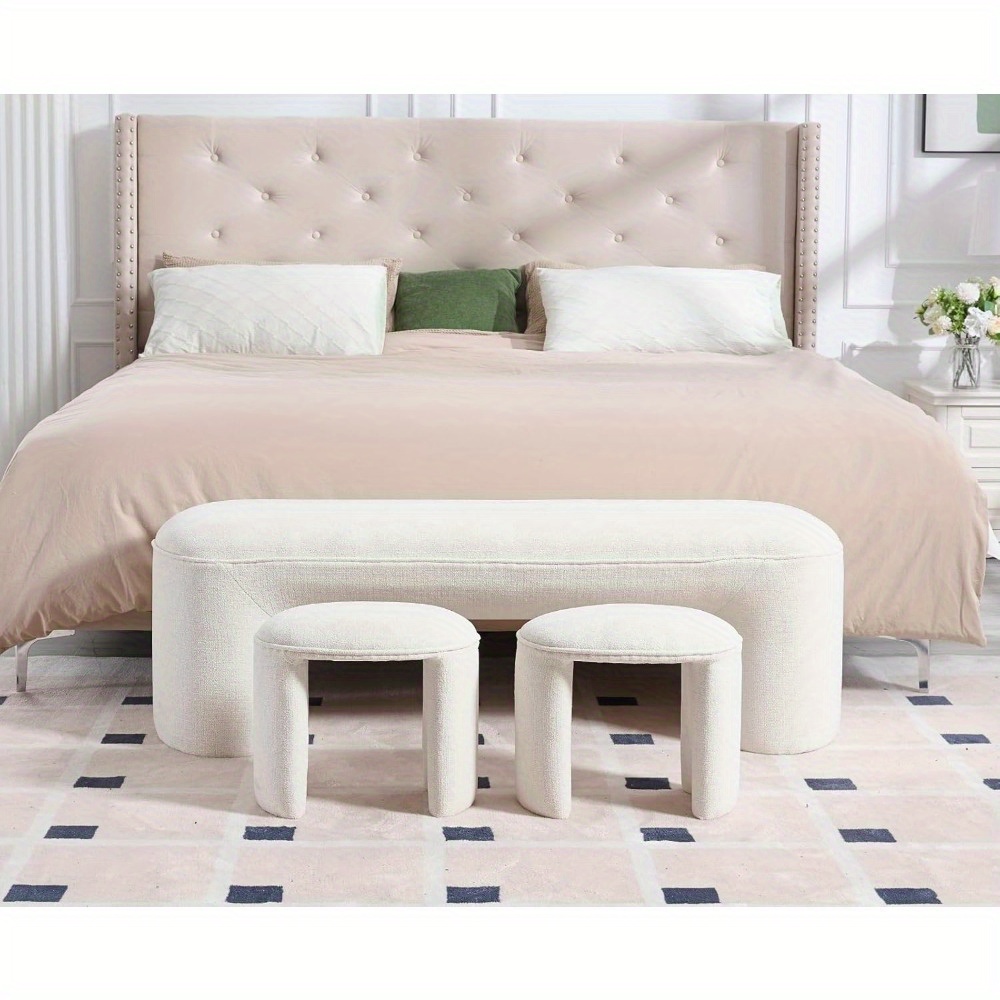 53 Inch Long Bedroom Bench with 2pcs Step Stools, Nesting Ottoman Bench Set, Padded End Of Bed Bench Modern Upholstered Bench for Living Room, Entry, Porch