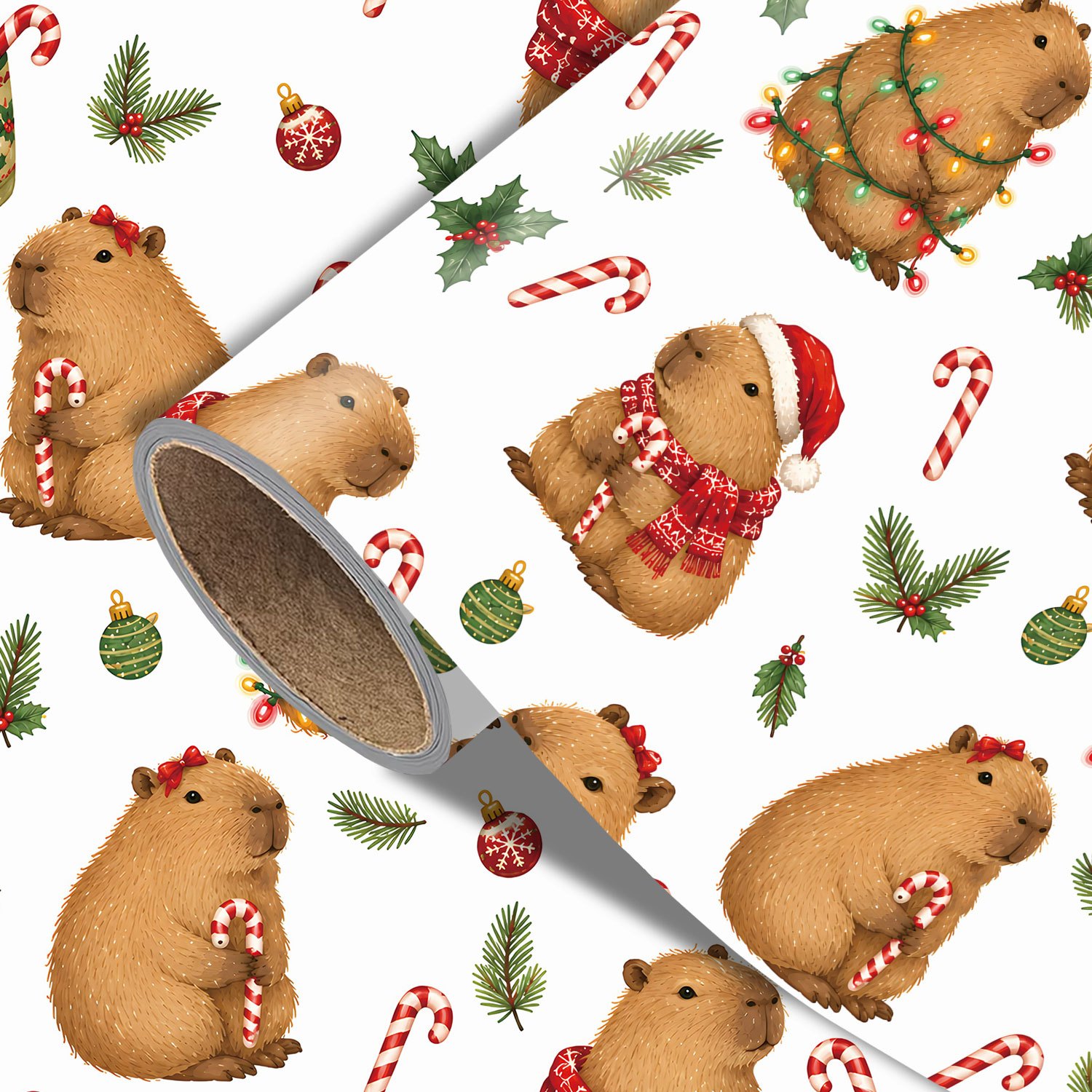 TEMU Rouleau de Capybara de Noël - 17.7 X 118 pouces, papier d'emballage cadeau de Noël avec des Capybaras, des guirlandes de Noël, un motif de