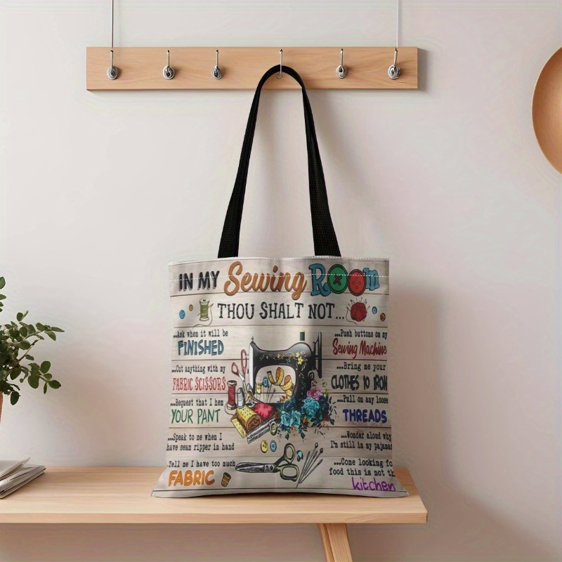 TEMU 1pc Sewing Room Rules Canvas Shoulder Bag - Humorous " Shall Not" Sewing Quotes & Craft Illustrations, Durable Machine-washable Fabric, Spacious