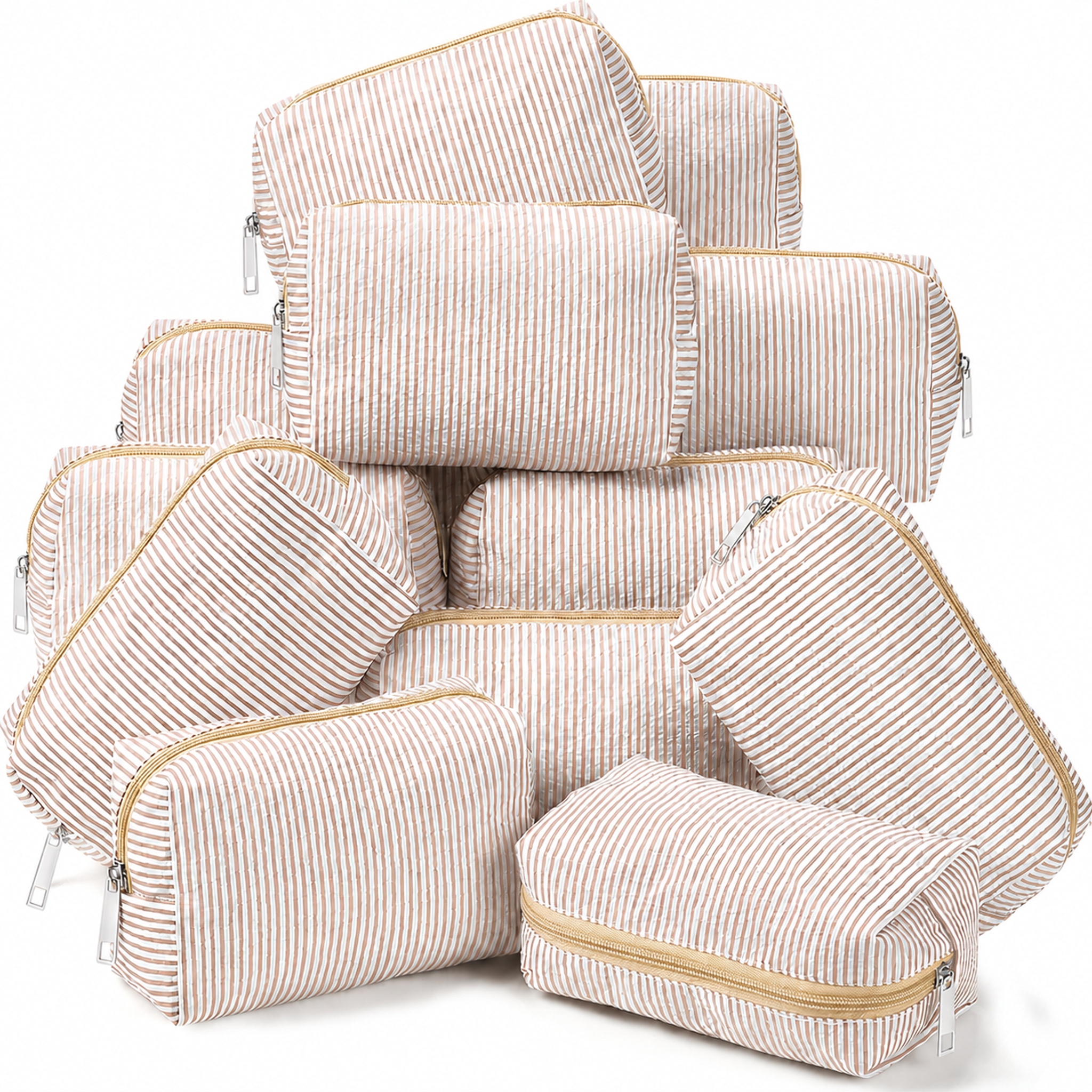 TEMU Cosmetic Bag 12-pack Large Breathable Mesh Striped Style Khaki Storage Bag College Style Travel Toiletry Organizer Suitable For Weddings
