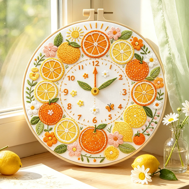Citrus Clock Embroidery Kit, Beginner Full Tool Set