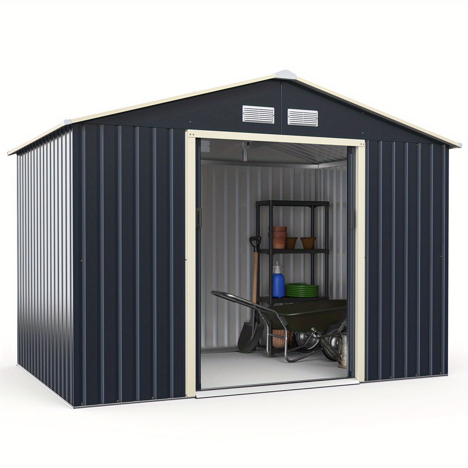 Outdoor Metal Storage Shed, Steel Garden Tool Shed W/ 4 Vents And Double Sliding Door, Multifunctional Organizer House For Lawn Mower, Bike, In Backyard, Farm