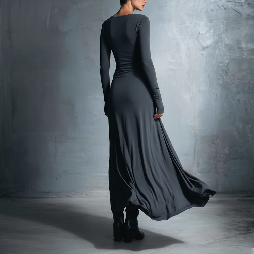 女士复古奢华晚礼服，适合秋冬季婚礼和晚宴。这款精致的紧身连衣裙采用修身剪裁和长袖设计，带有结扣元素。 商品详情 3