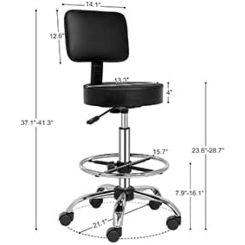 TEMU Chaise ergonomique OMYSALON réglable en hauteur avec support , coussin de siège épais et -pieds - Tabouret roulant haut pour salon, spa, bar à