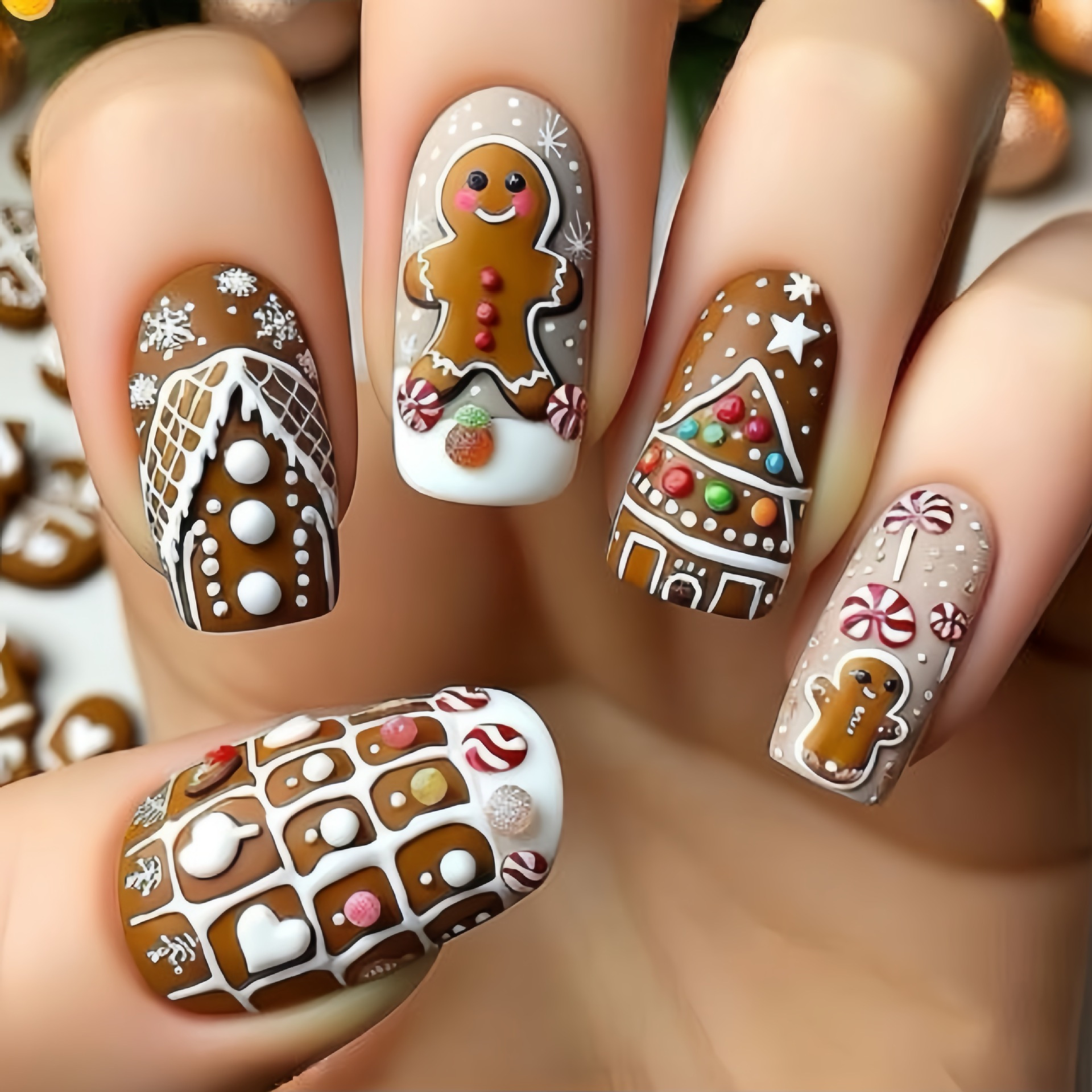 

24pcs (1pack) Christmas Nail Art Set: Gee Ballet-shaped Removable Press Nail Tips, Medium Length, Brown And Mixed Colors, With Gingerbread Man, Candy, Pattern, Matte Effect - The Gift For Nail Care