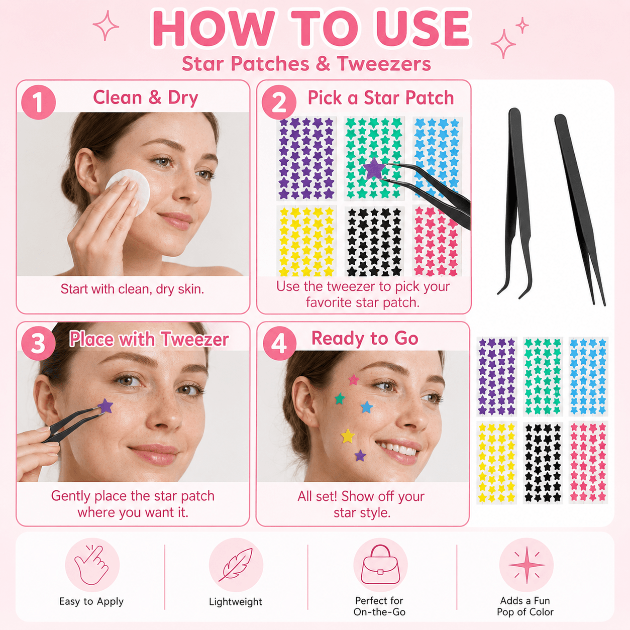 6-Color Star Pimple Patch Sheets with Precision Tweezers