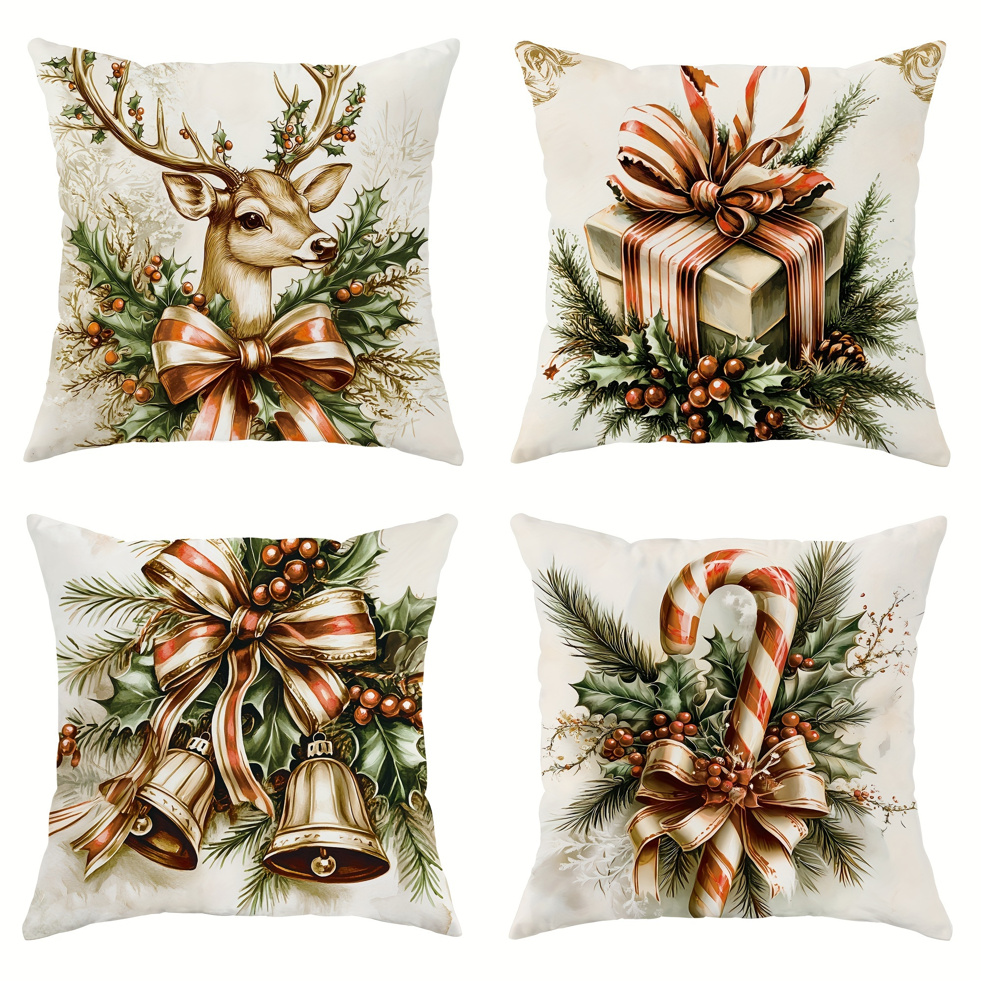 TEMU 4pcs Capas de Almofada de 18x18 - Desenhos Festivos de Veado, Bastão de Doces & Azevinho | & Confortáveis |…: retailer-supplied image