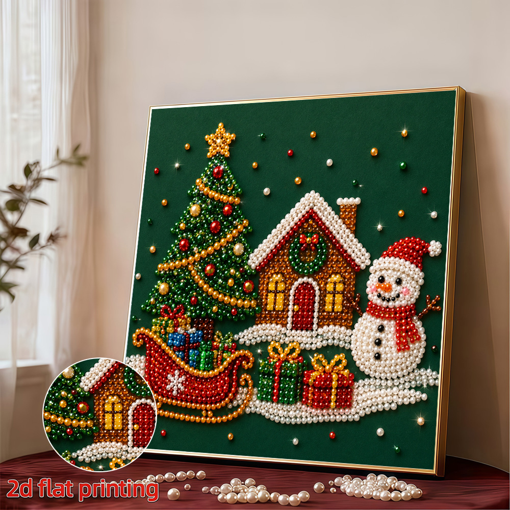 poza articolului 1 buc., kit de pictură cu diamante și perle colorate 2d, decorațiuni de crăciun, brad de crăciun, căsuță de zăpadă, om de zăpadă, cadou, artizanat, pictură decorativă pentru living, material pânză, cadou de sărbători, kit de pictură cu diamante pentru adulți
