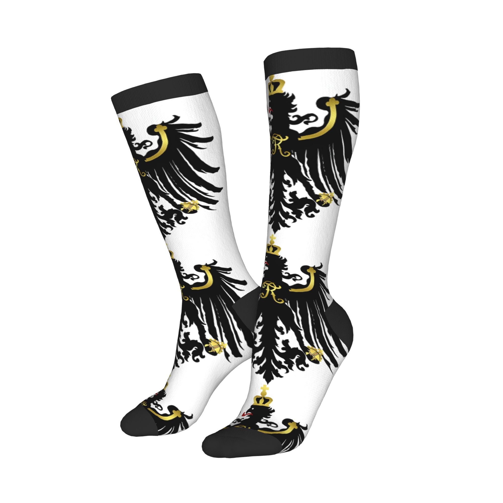 

1 Pair Socks - Hip Hop Vintage Prussia Eagle Design, Novelty Crew Socks With Black And Golden Pattern, Polyester , Perfect Gift For Men