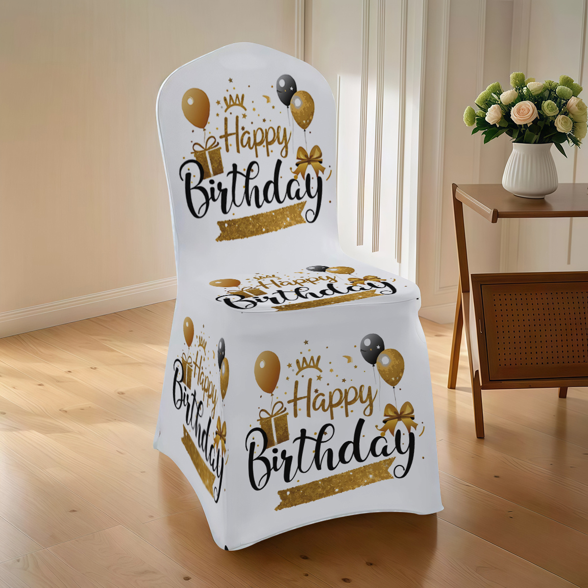 TEMU 2d White "happy Birthday" Printed Outdoor Full-coverage Chair Covers, High-elasticity Full-wrap, Anti-slip,, And Wear-resistant, Machine