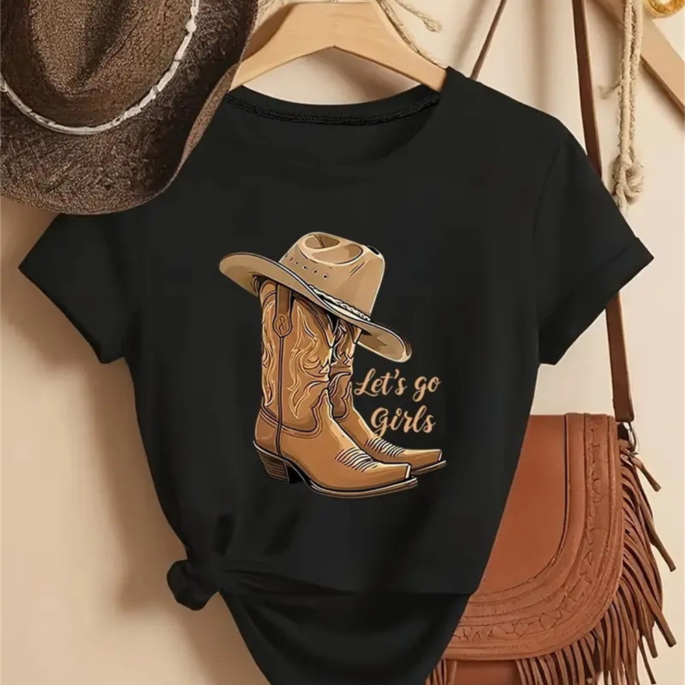 

Women's "let' Girls" Cowboy Boot Graphic T-shirt - Casual Black Short Sleeve Crew Neck Top, 100% Polyester,