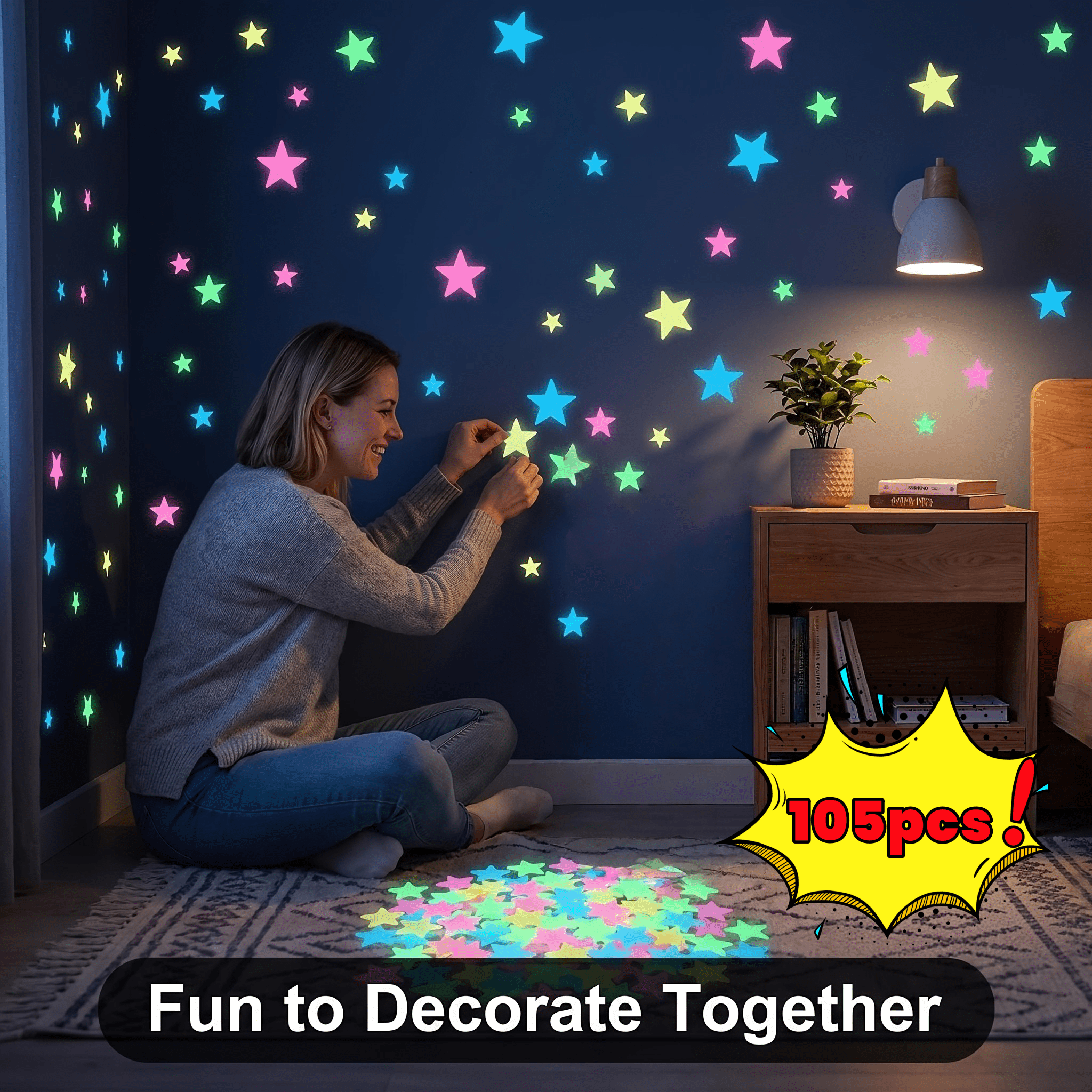 TEMU 105pcs New Multicolor -dark Star Wall Stickers Random Colors, 1.18-inch Reusable Fluorescent Self-adhesive Flowers, Soft-colored Plastic Stars,