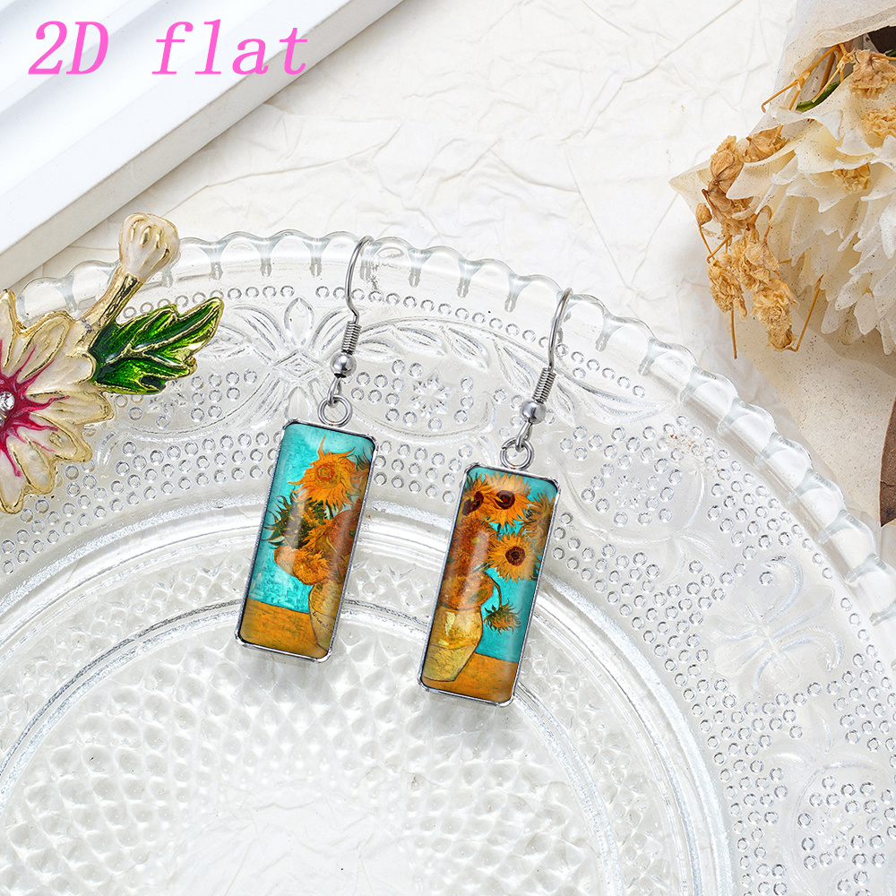 TEMU 2d Flat - 1 Pair Of Van Gogh Sunflower Pattern Time Gem Glass Rectangle Earrings, Fashion Earrings, Hypoallergenic Stainless Steel Ear Hooks, 2d