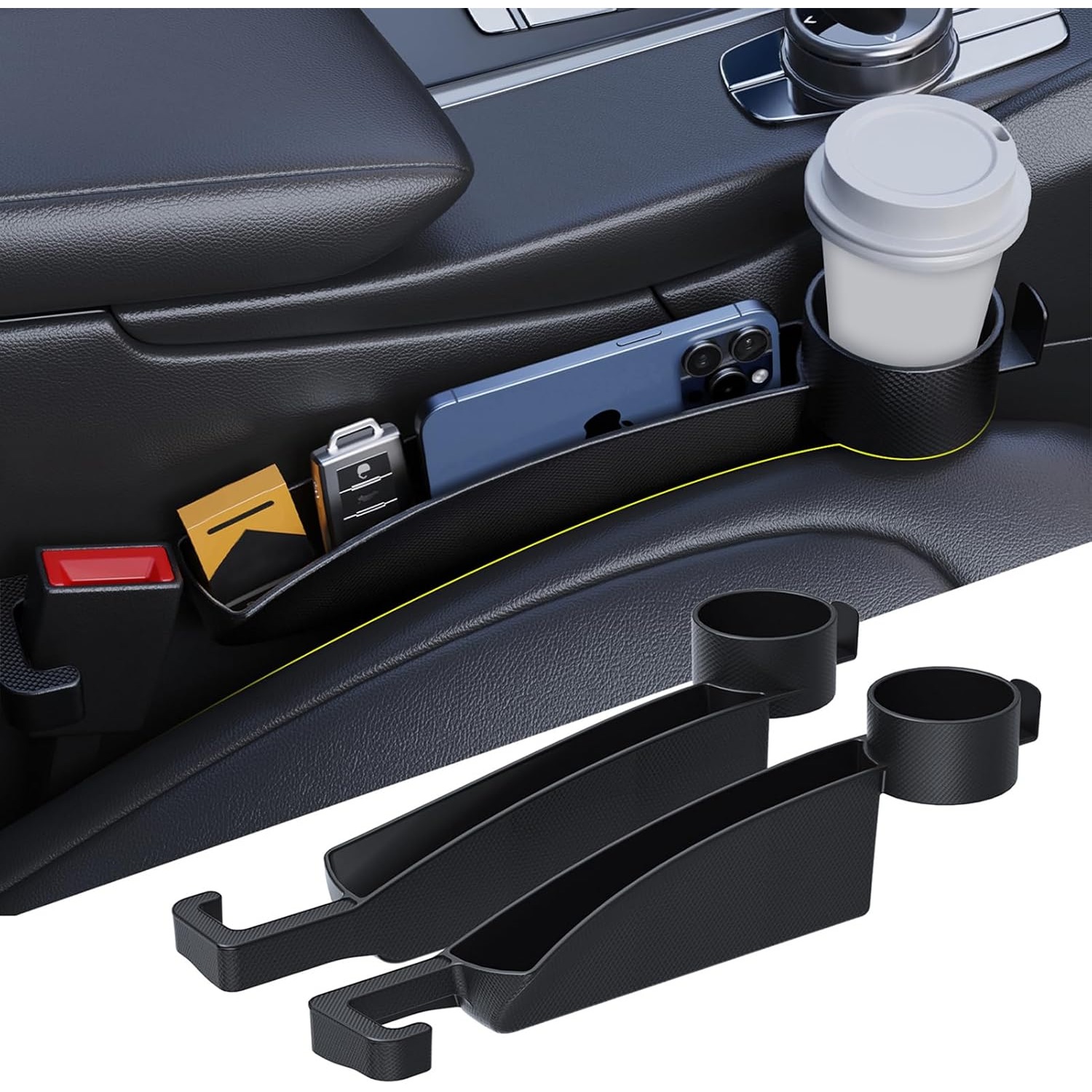 Image of Car Seat Filler Set Of 2, Upgraded Car Side Seat Fillers With Organizer, Cup Holder & Hook Function, Inserts Between Front Seats Console Catcher 4in1 Stopper Fill Plug Storage Box (black)
