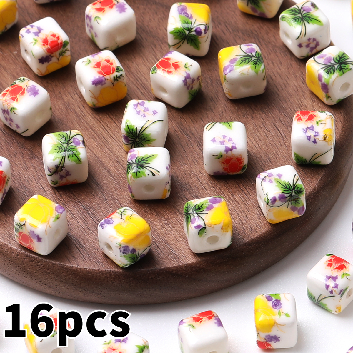 8pcs/16pcs Cube Printed Flowers Glazed Square Ceramic Beads for DIY Jewellery