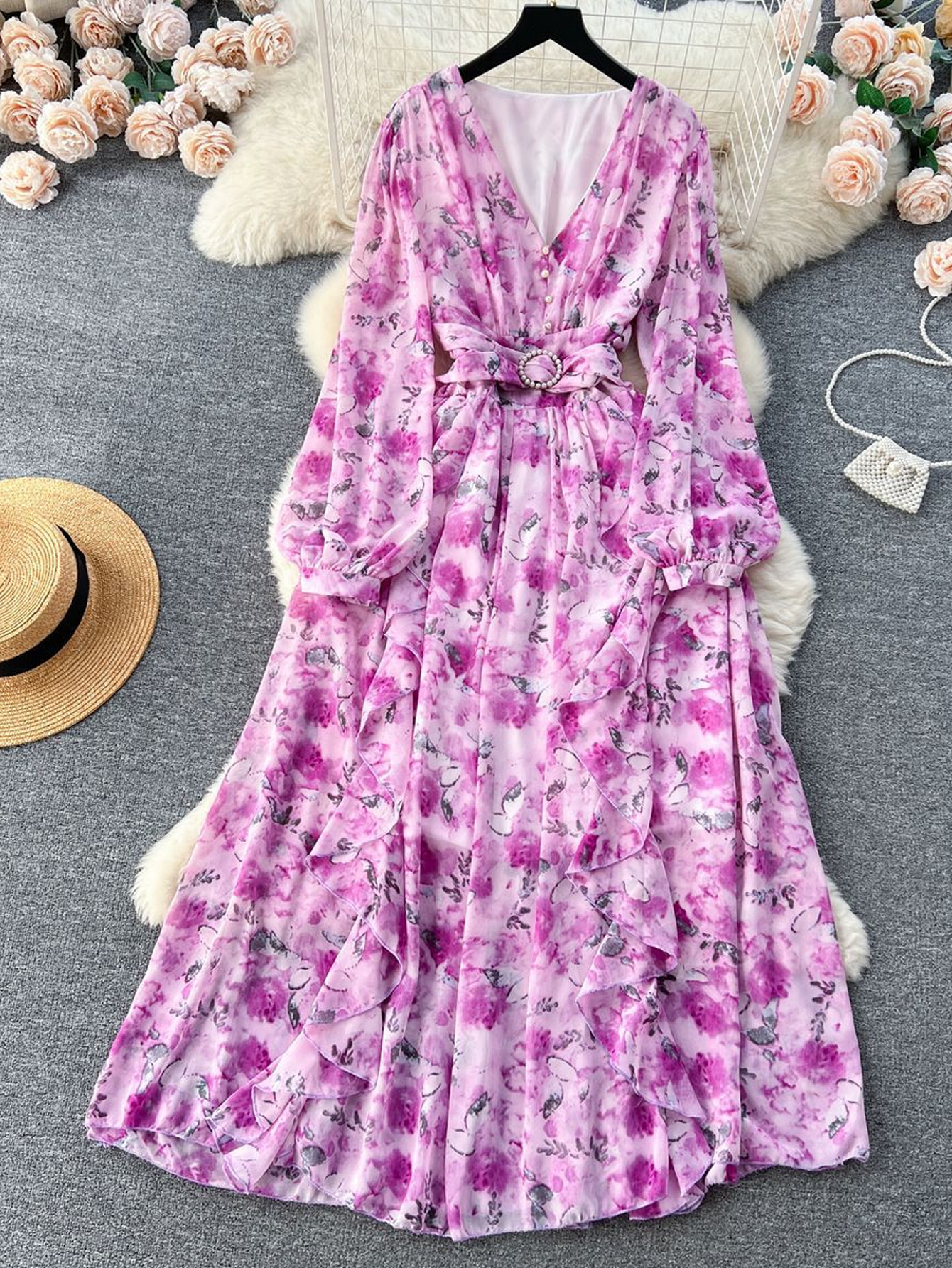 chinese dress ladies Macklynn V-Neck Long Sleeve Tier Maxi Dress in Cream/Orange Floral Medium main image 0