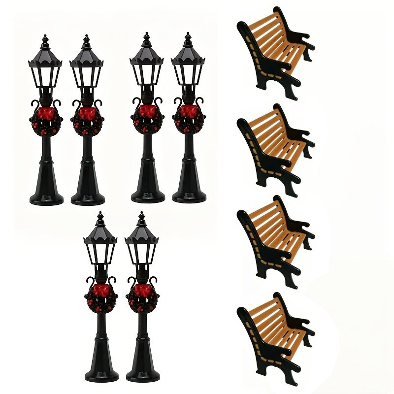 TEMU Mini Christmas And Park Benches Mini Set For Holiday Use, Decorated With Floral Lights And Mini Wooden Benches, Winter Miniature Landscape
